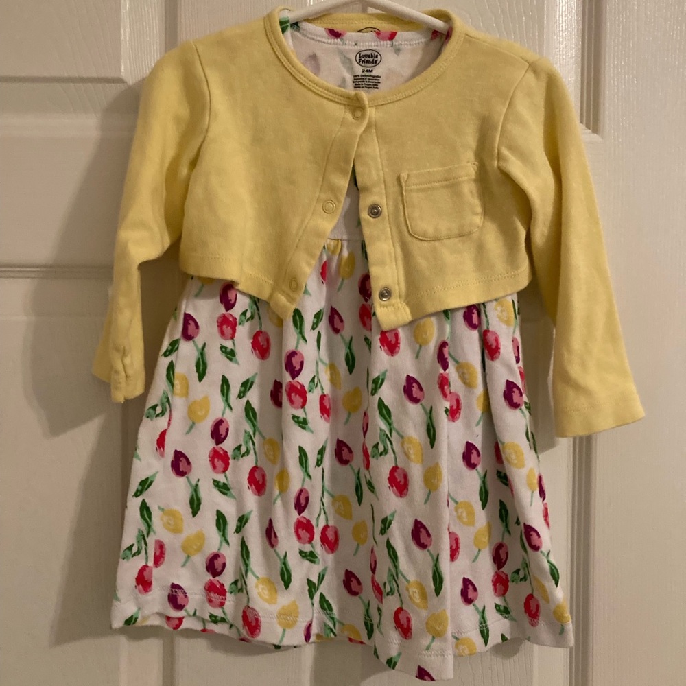 24M Luvable Friends White Floral Dress with Yellow Cardigan Set